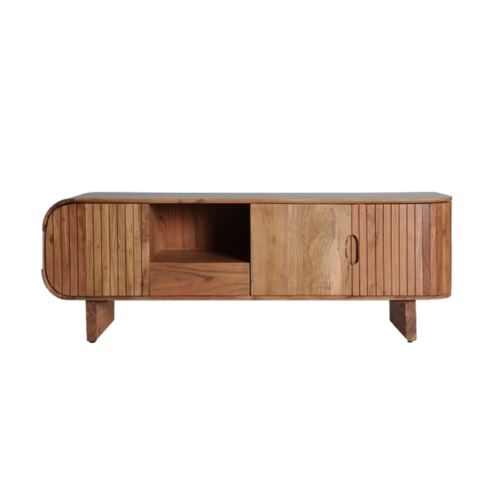 El mueble de TV Blesle, en madera de acacia marrón natural, combina diseño moderno y funcionalidad. Ideal para salones, con almacenamiento y estilo elegante.