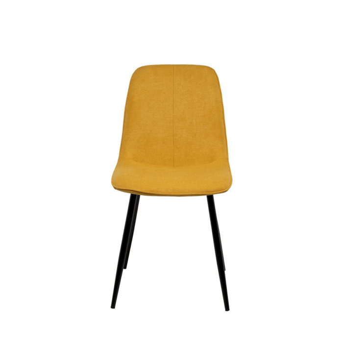 La silla MARLEEN Mostaza combina tapizado acolchado, estructura ergonómica y patas metálicas negras. Perfecta para comedores y espacios modernos.