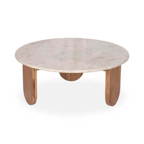 La mesa auxiliar CT-417 combina tapa de mármol y patas de madera en un diseño redondo y sofisticado. Perfecta para salones y rincones con estilo.