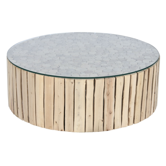 Mesa de centro de madera de eucalipto y cristal. Diseño circular y natural con acabado balinés. ¡Añade elegancia y calidez a tu salón!