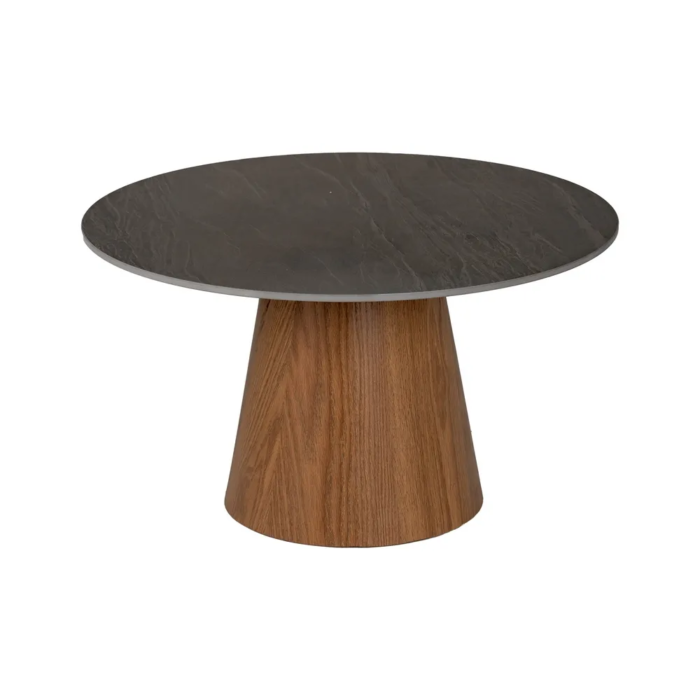 Mesa de centro negro-marrón con patas de metal y sobre cerámico imitación mármol. Estilo sofisticado y resistente para tu salón.