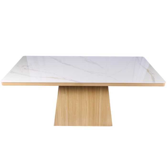 La mesa de comedor DT-514 combina madera y cerámica para un diseño elegante y resistente. Perfecta para cualquier comedor moderno y espacioso.