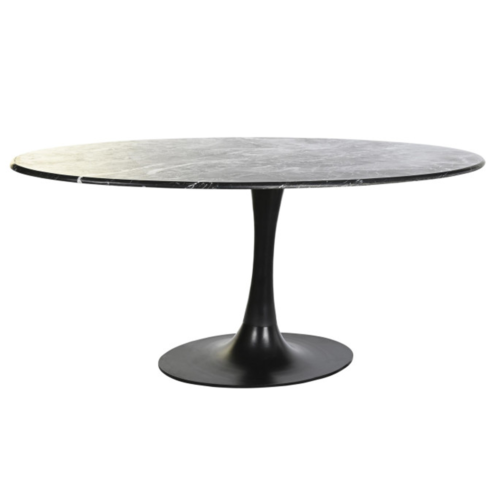 Mesa de comedor con base de hierro negro y sobre de mármol veteado. Elegancia y resistencia en una pieza única para tu salón. ¡Compra la tuya ahora!