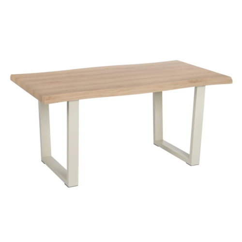 Mesa de comedor natural-crema, con sobre ondulante y patas de hierro. Estilo natural y moderno, ideal para cualquier ambiente.