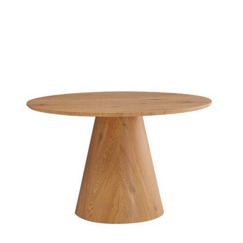 La mesa de comedor DT-512 redonda en madera chapada combina diseño elegante y amplitud. Ideal para grandes reuniones con un estilo cálido y sofisticado.