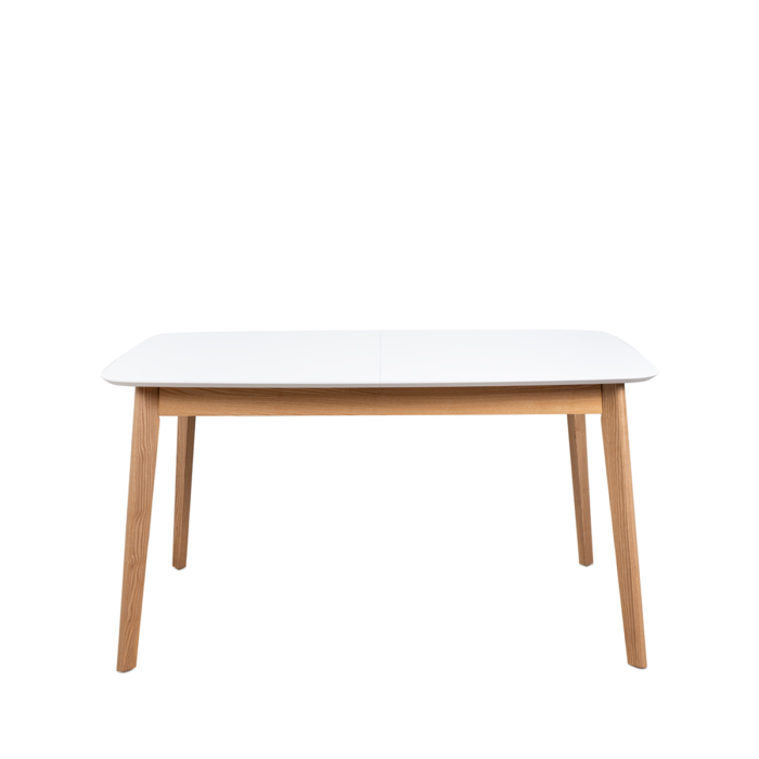 Mesa extensible KENNA en madera de roble y tapa lacada en blanco. Diseño nórdico, versátil y práctico, ideal para cocinas y comedores.