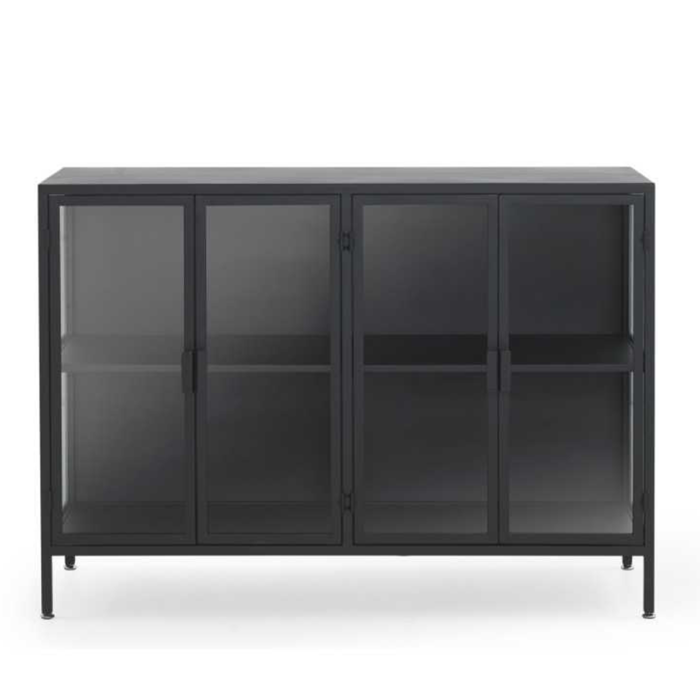 Aparador con estructura de metal negro y puertas de cristal. Diseño industrial con estante metálico y cierre magnético. ¡Ideal para cualquier espacio!