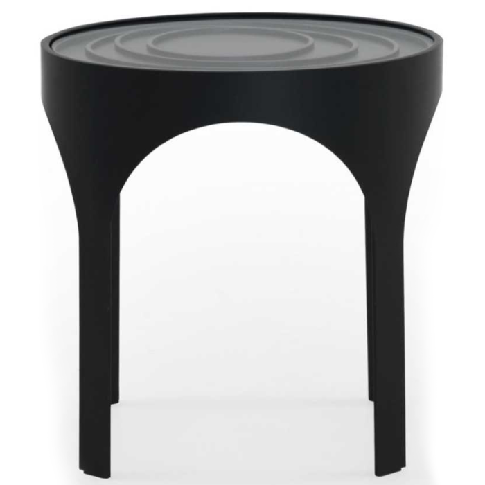 Mesa de centro circular con estructura de metal negro y encimera de cristal transparente. Diseño sofisticado, resistente y sin necesidad de montaje.
