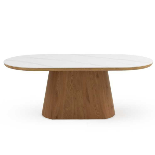 Mesa comedor ovalada roble con cerámica blanca