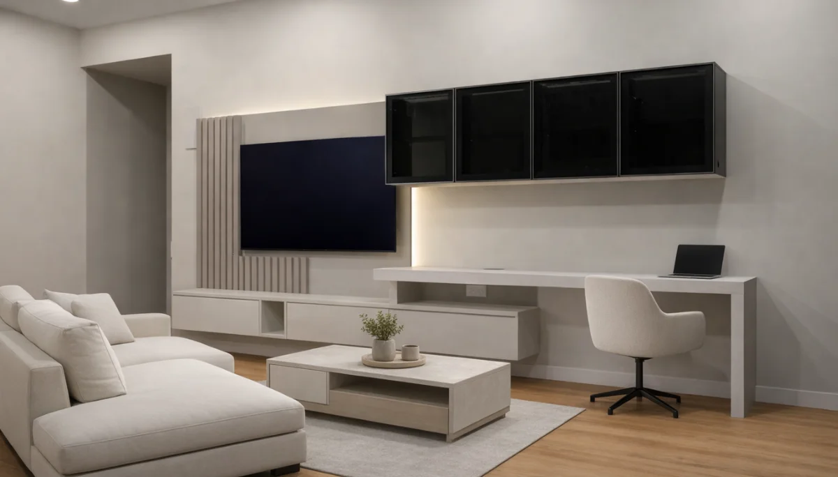 Salón a medida multifuncional con integración de home office