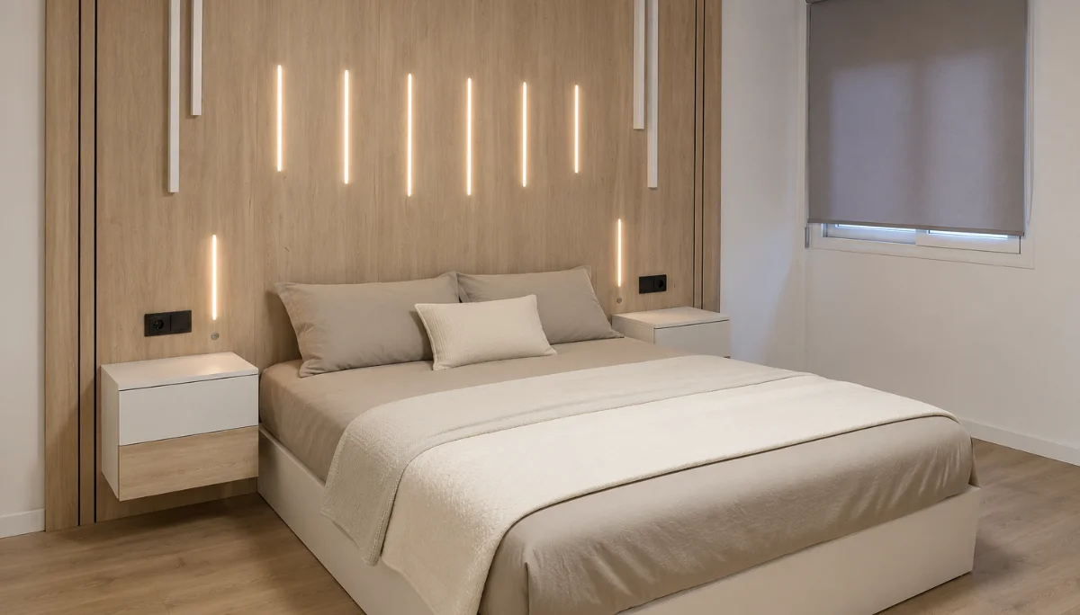 Dormitorio a medida con panelado de madera y luz LED