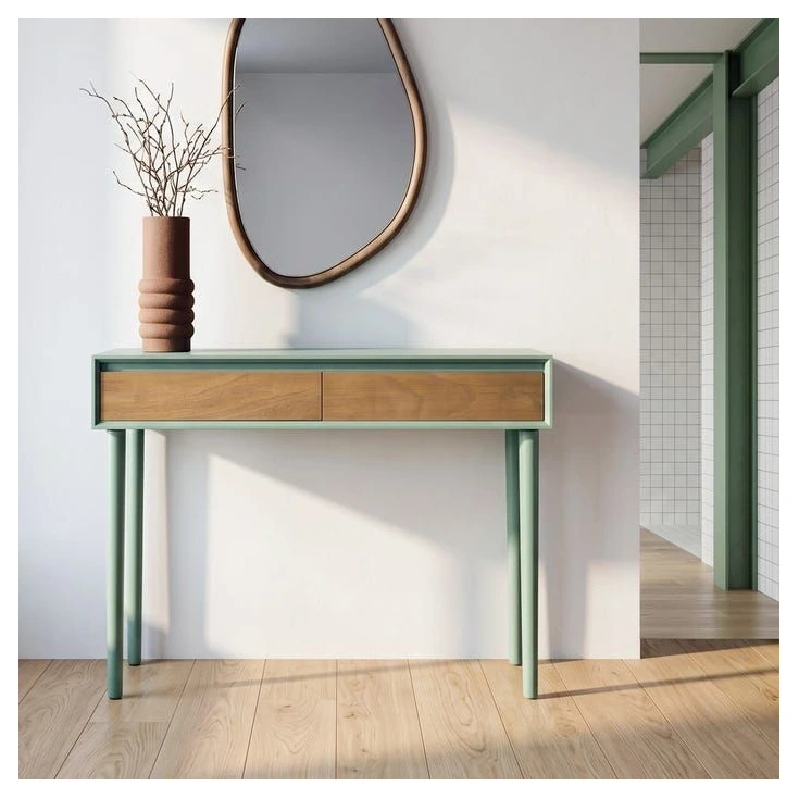 consola recibidor verde y madera