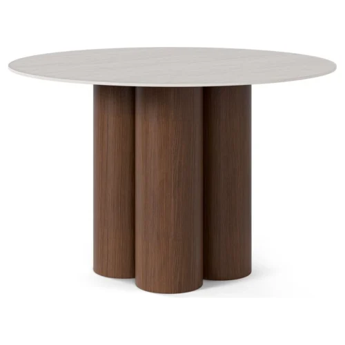 mesa redonda travertino patas nogal