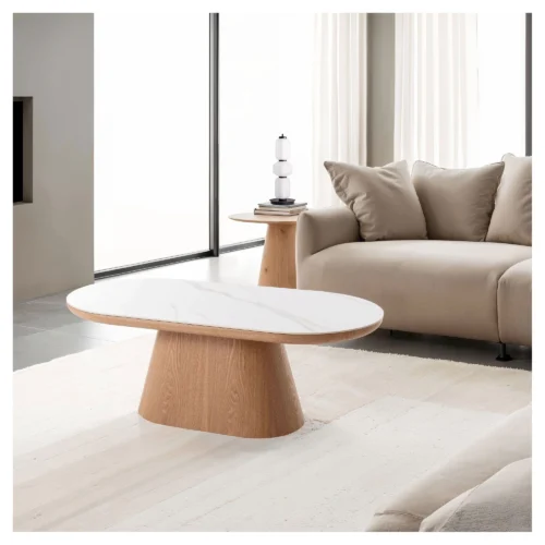 mesa centro porcelanico roble ovalada