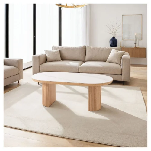 mesa centro ovalada roble porcelanico