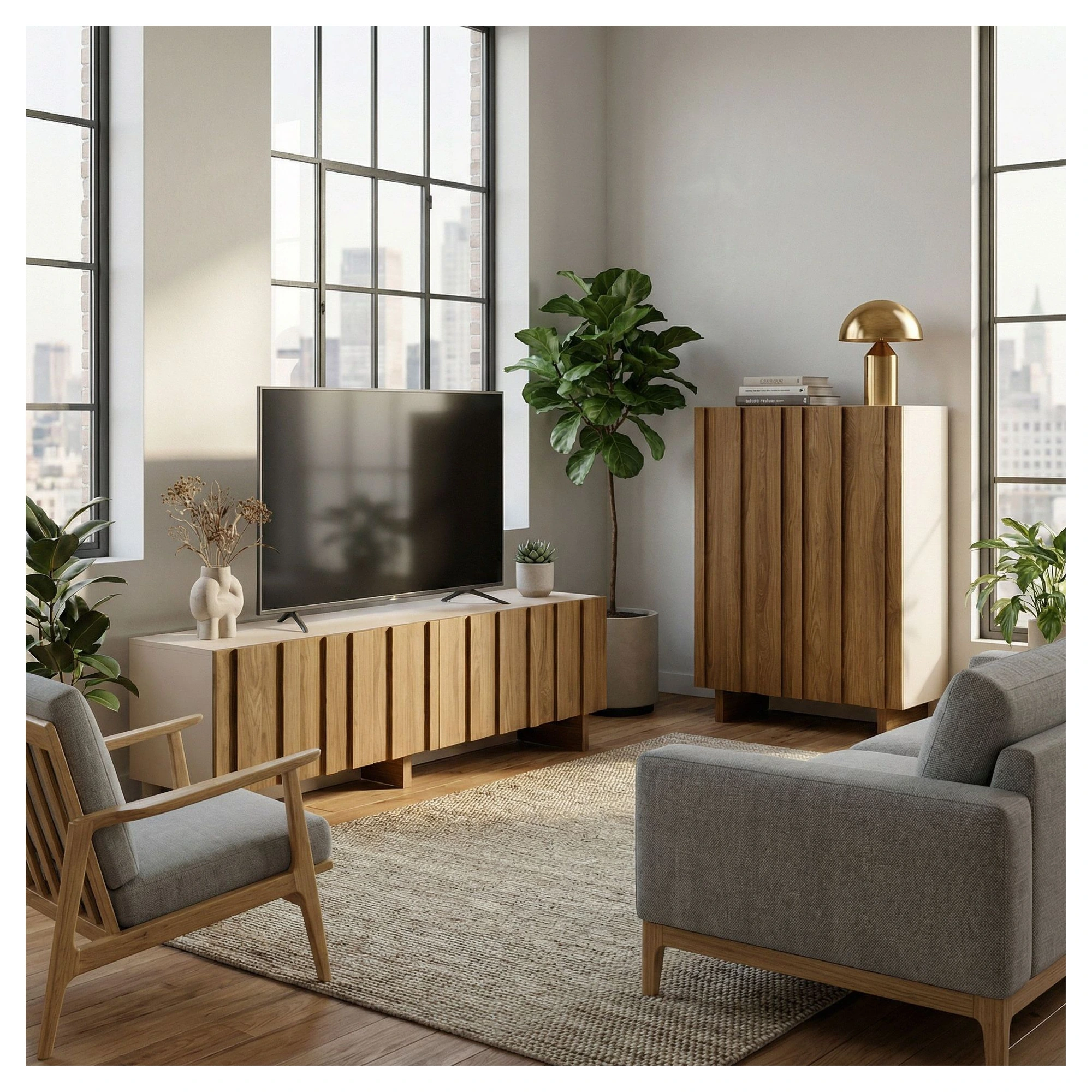 mueble tv crema y roble