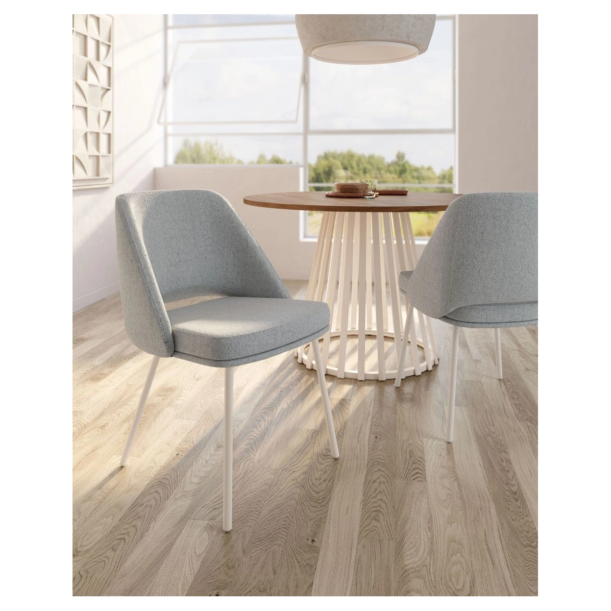 silla tapizada gris patas marfil