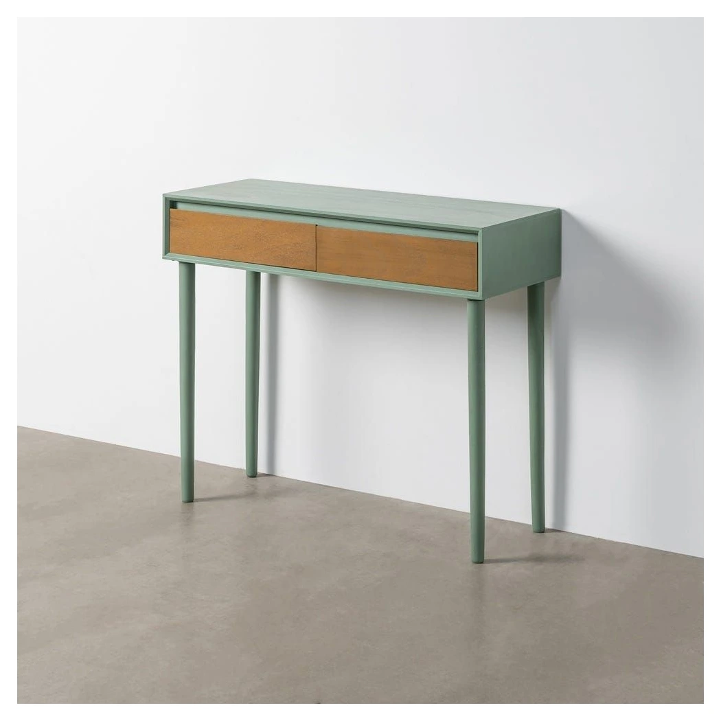 consola recibidor verde y madera
