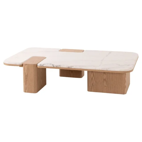 mesa de centro marmol y roble