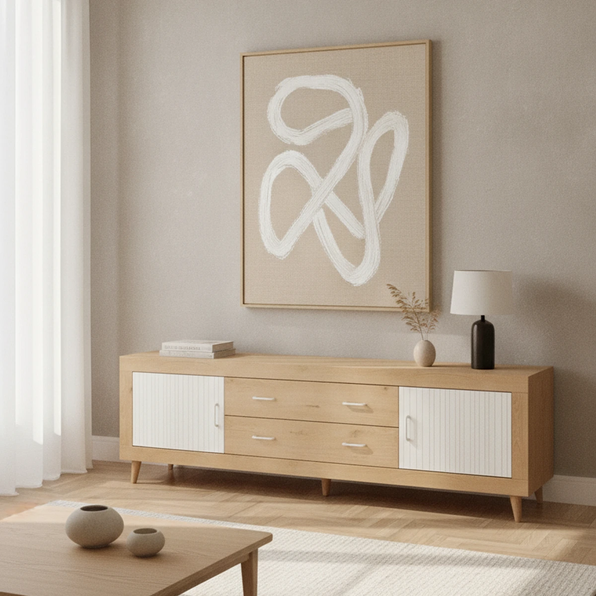 mueble tv roble y blanco
