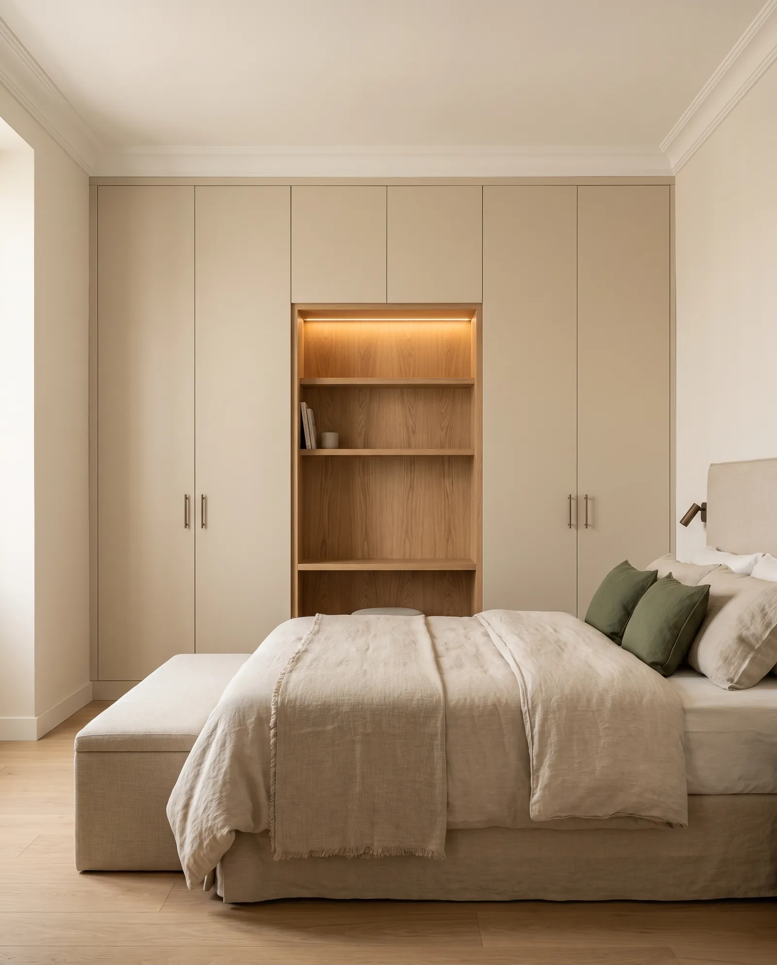 Dormitorio con armario a medida de suelo a techo lacado en arena con módulo abierto de roble e iluminación LED – muebles a medida Artikane