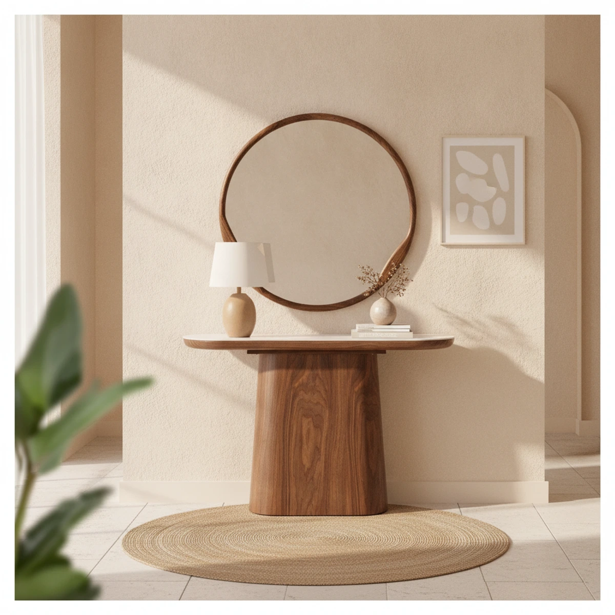 consola nogal tapa porcelanica blanca