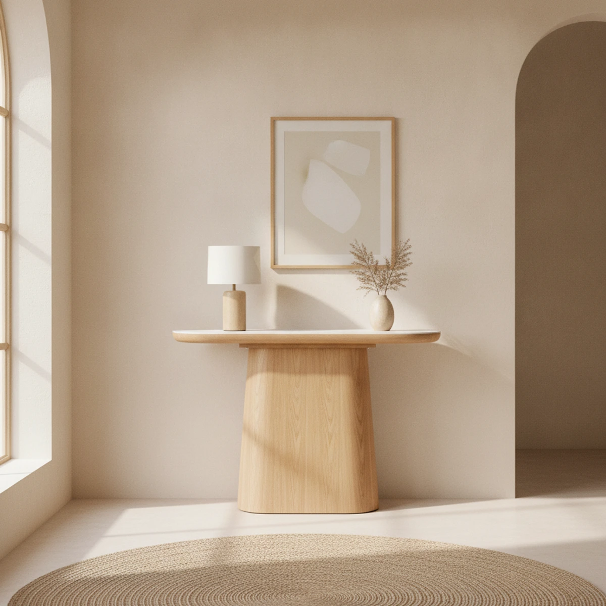 consola porcelanico y roble