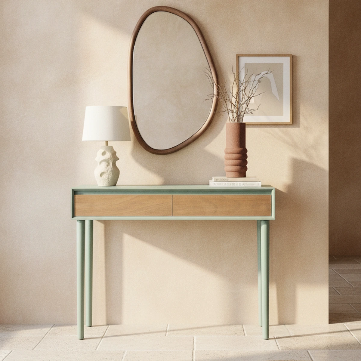 consola recibidor verde y madera