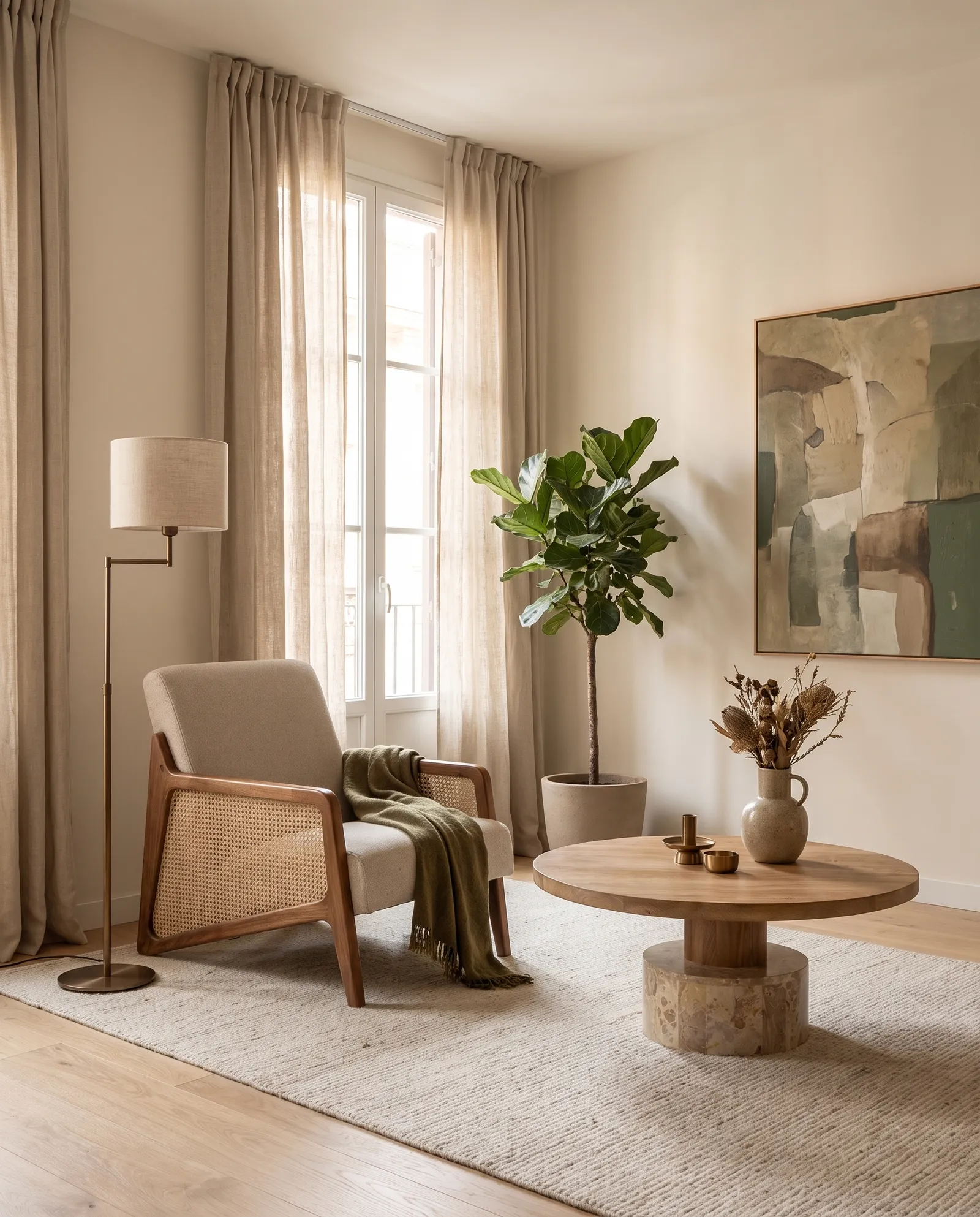 Rincón de lectura junto a un ventanal con sillón de ratán, mesa de centro de madera y lámpara de pie – interiorismo Artikane, Valencia