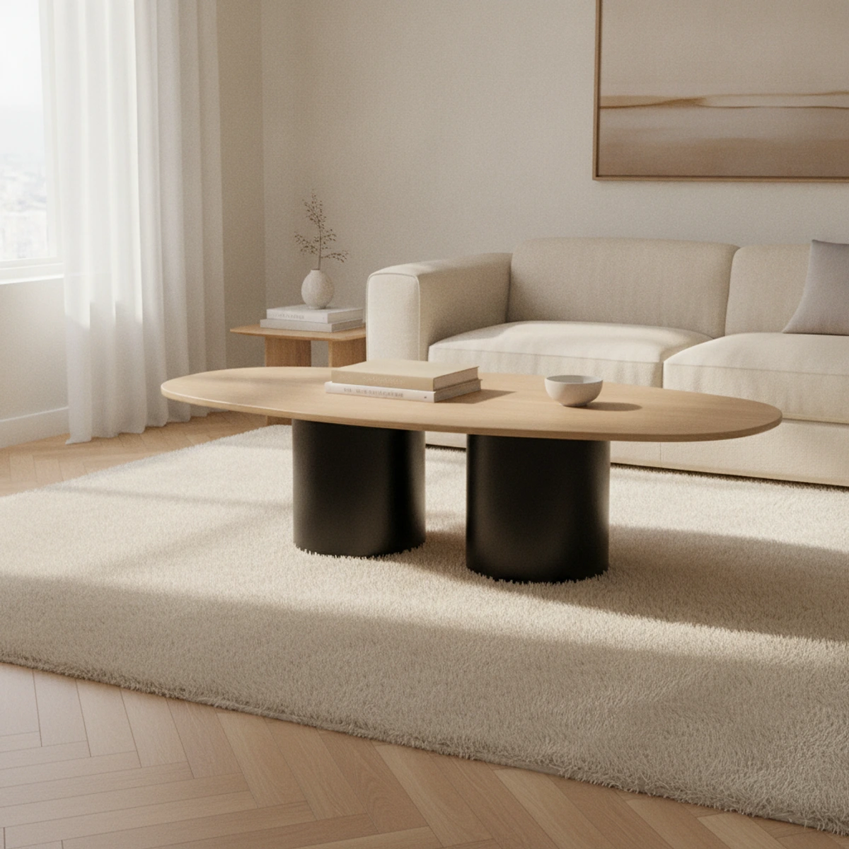mesa de centro ovalada beige