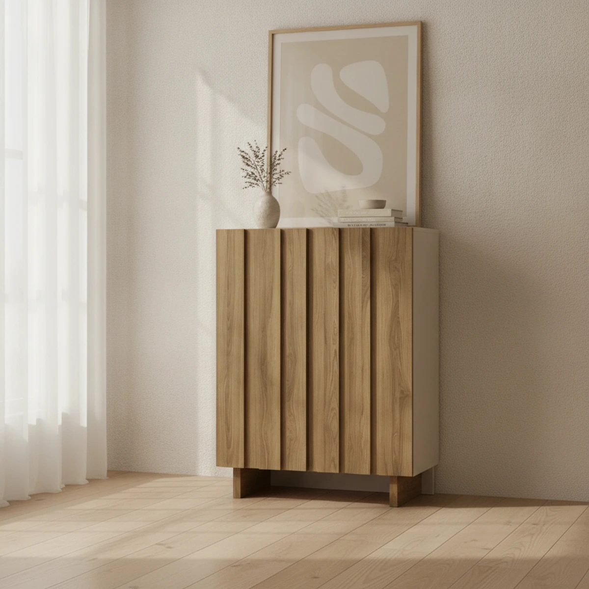mueble auxiliar alto crema y roble