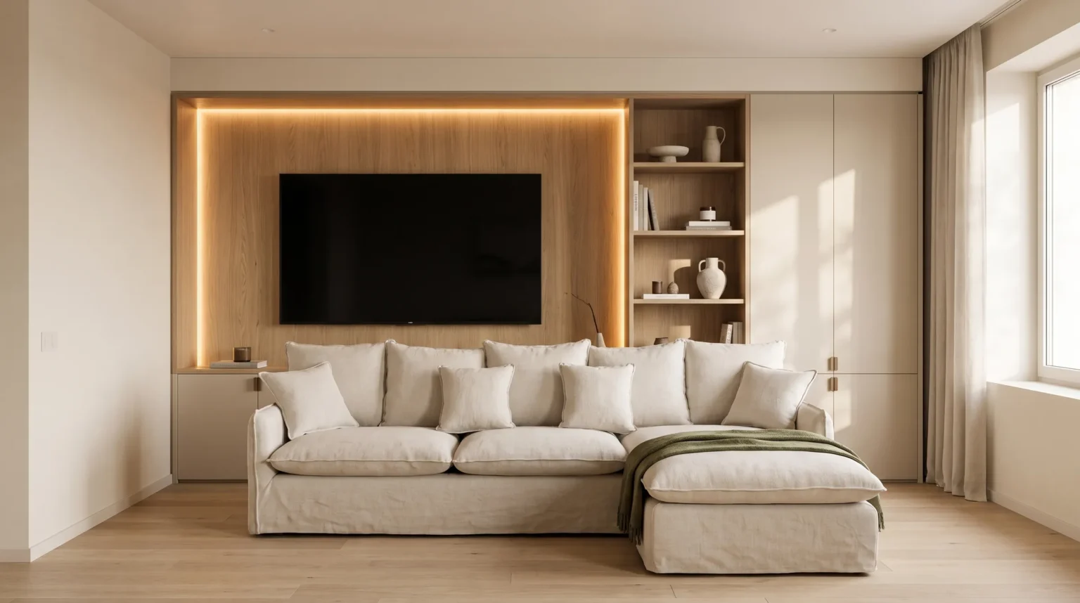 Salón con mueble a medida de pared completa: panel de TV en roble con retroiluminación LED y módulos lacados en arena – Artikane