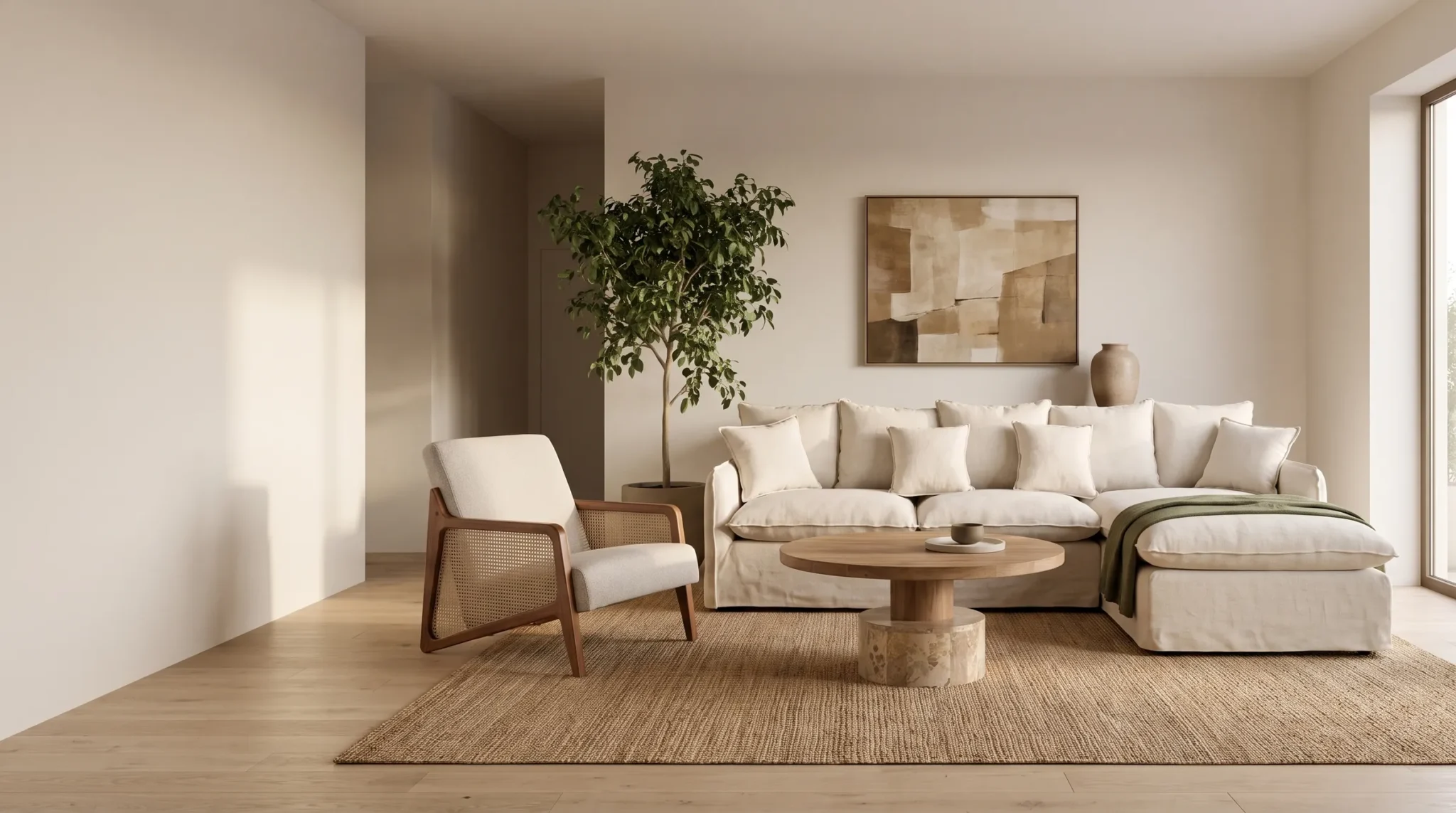 Salón luminoso con sofá chaise longue en lino, mesa de centro redonda de madera y sillón de ratán – muebles de diseño Artikane, Valencia