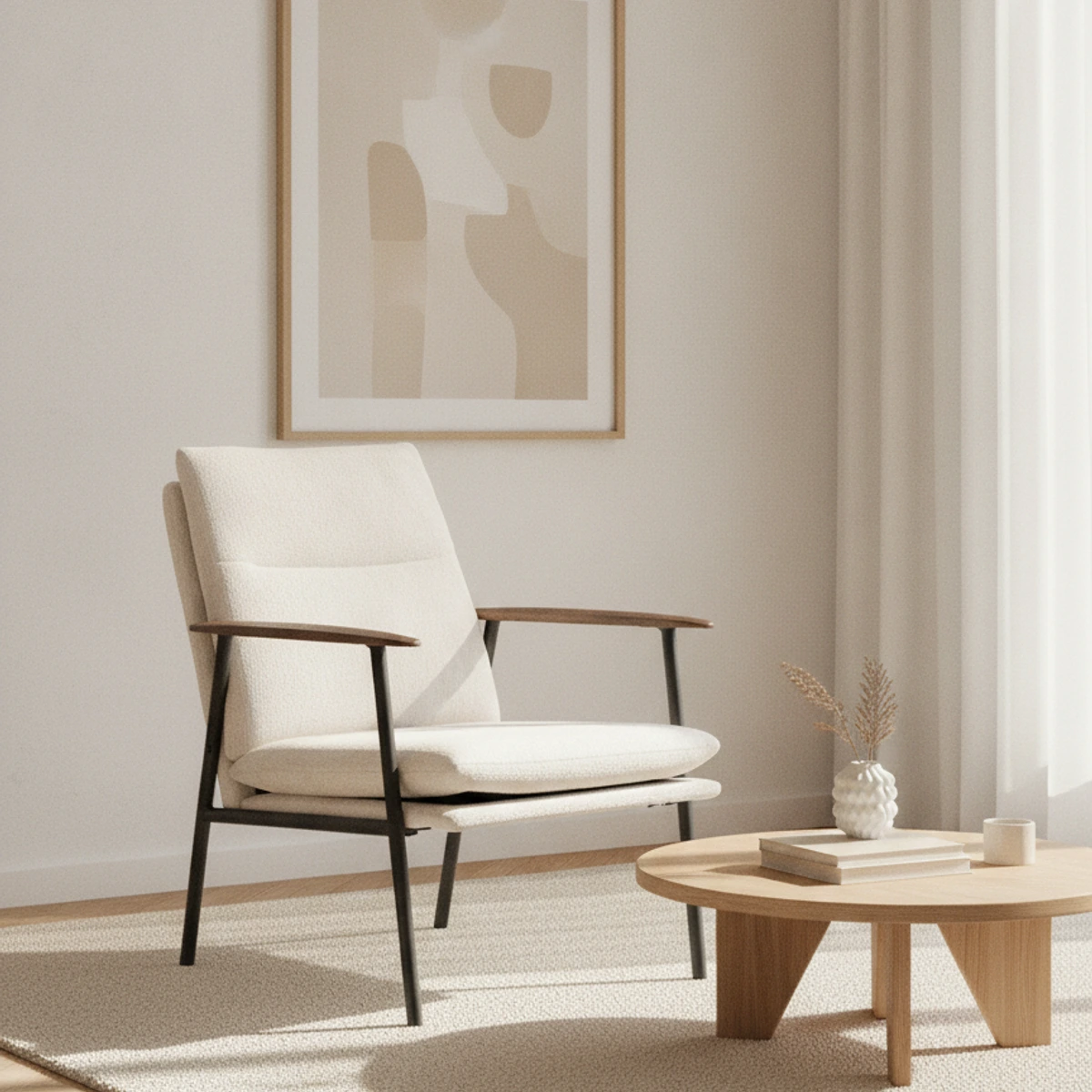 sillón tapizado beige con reposabrazos