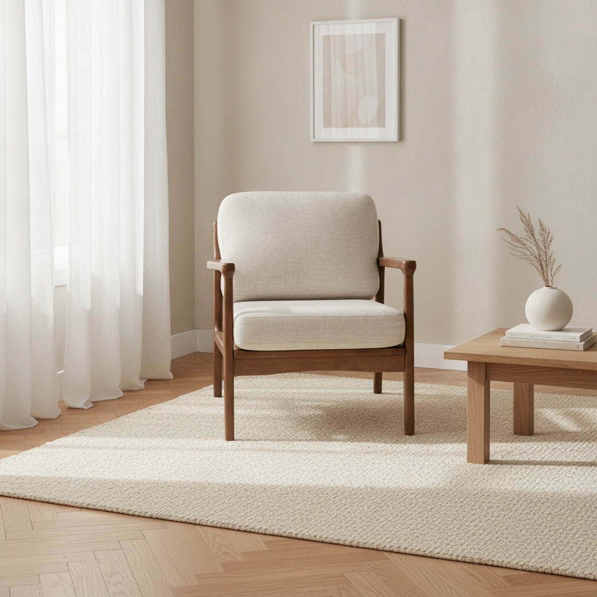 sillón tapizado beige madera