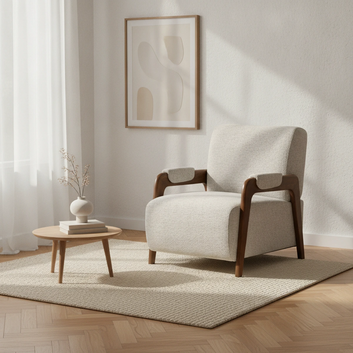 sillón tapizado beige y madera