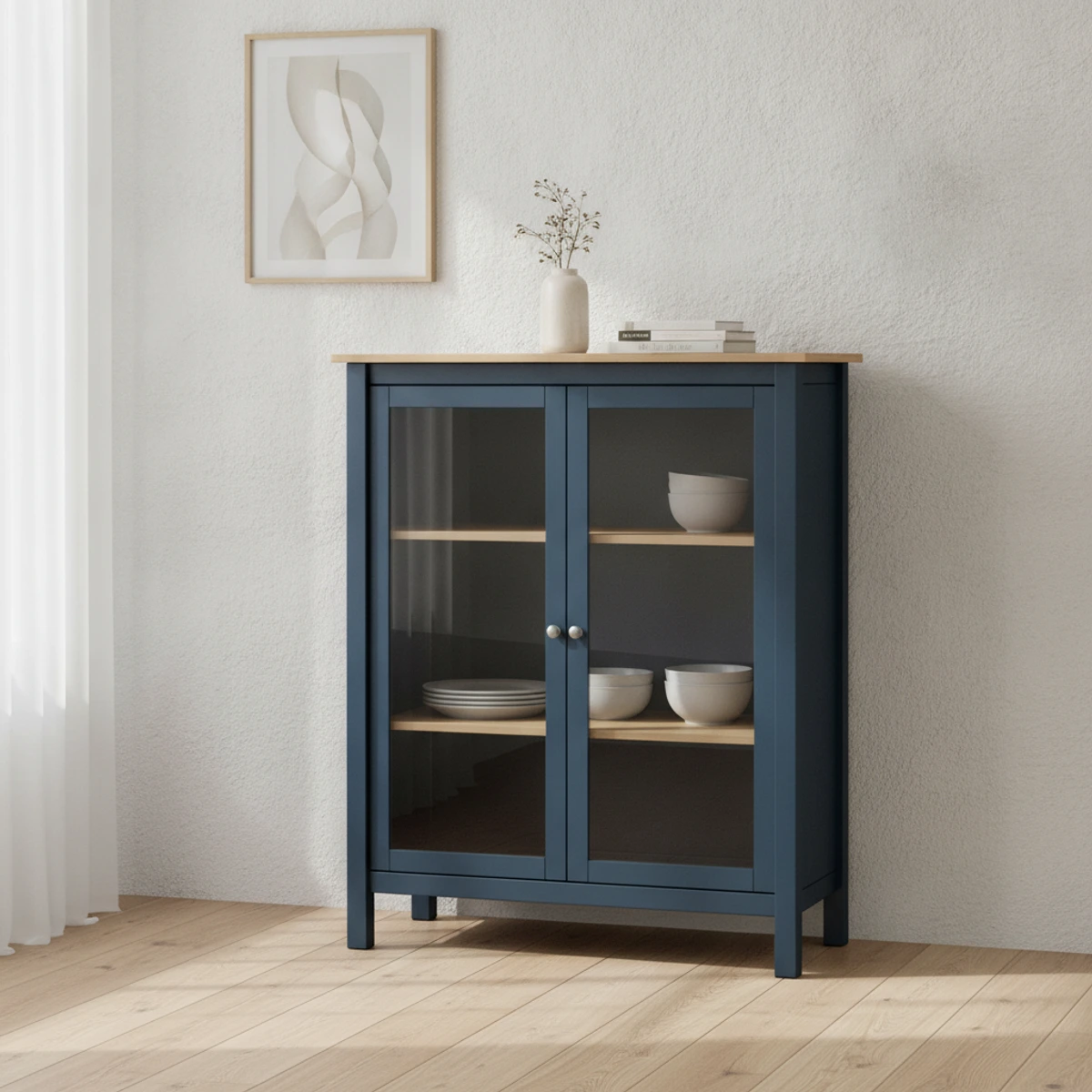 vitrina baja azul y roble